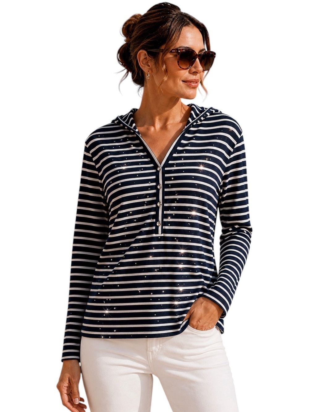 Y2K Christine Alexander Swarovski Crystal Breton Stripe Hoodie Top Nautical Luxe
